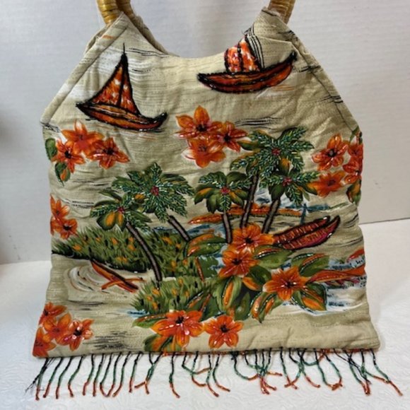 Lord & Taylor Beads Sequins Fringe Tropical Floral Handbag Top Handles - Picture 5 of 12
